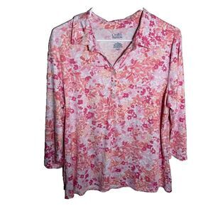 Croft & Barrow Shirt Women's Petite Large V-Neck 3/4 Sleeve Floral Collared